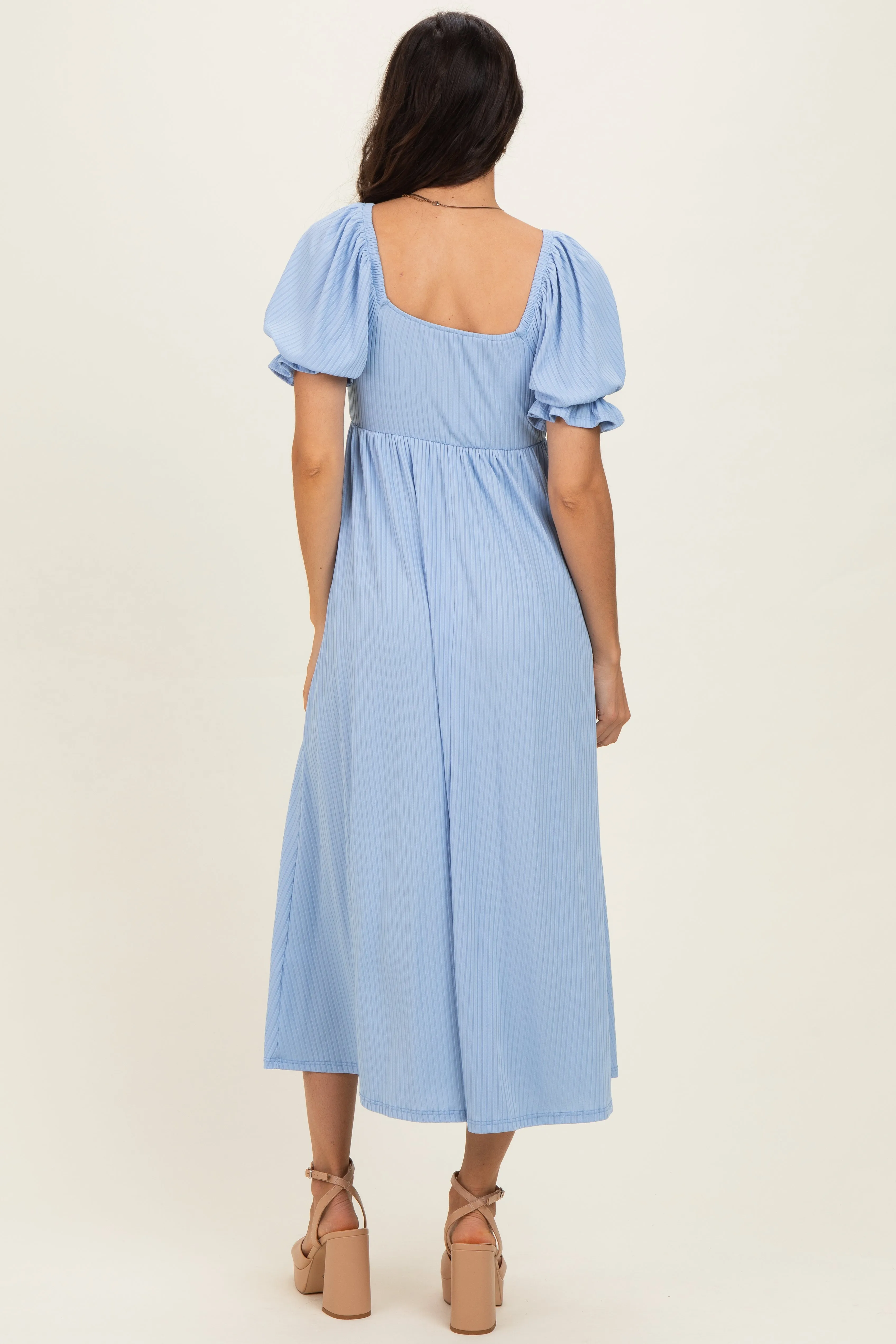 Light Blue Ribbed Short Sleeve Empire Waist V-Neck Maxi Dress sold by Pinkblush product image thumbnail 3
