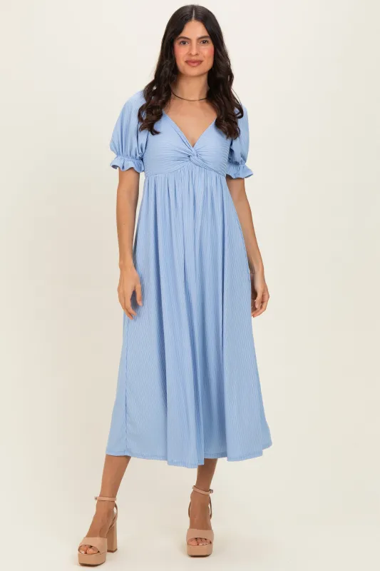 Light Blue Ribbed Short Sleeve Empire Waist V-Neck Maxi Dress made by Pinkblush