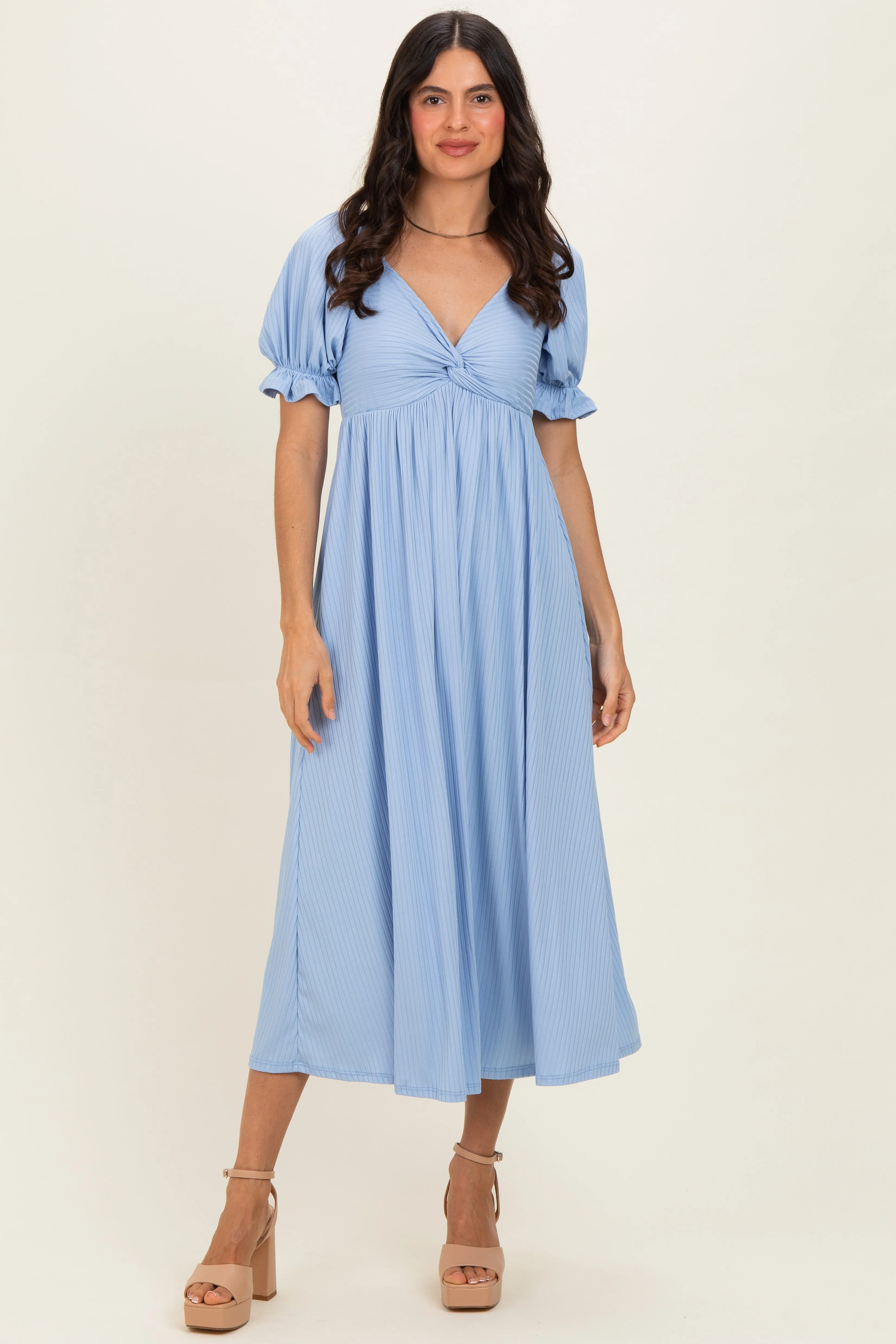 Light Blue Ribbed Short Sleeve Empire Waist V-Neck Maxi Dress sold by Pinkblush