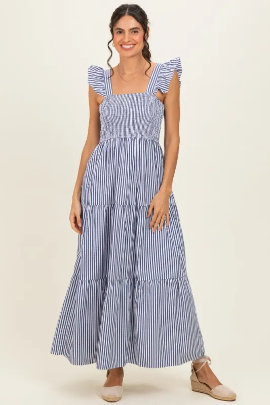 Navy Striped Ruffle Strap Smocked Maxi Dress made by She and Sky