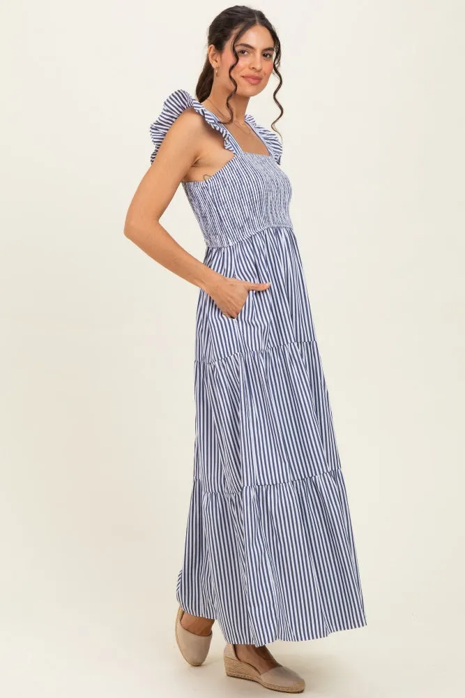 Navy Striped Ruffle Strap Smocked Maxi Dress sold by Pinkblush product image thumbnail 2