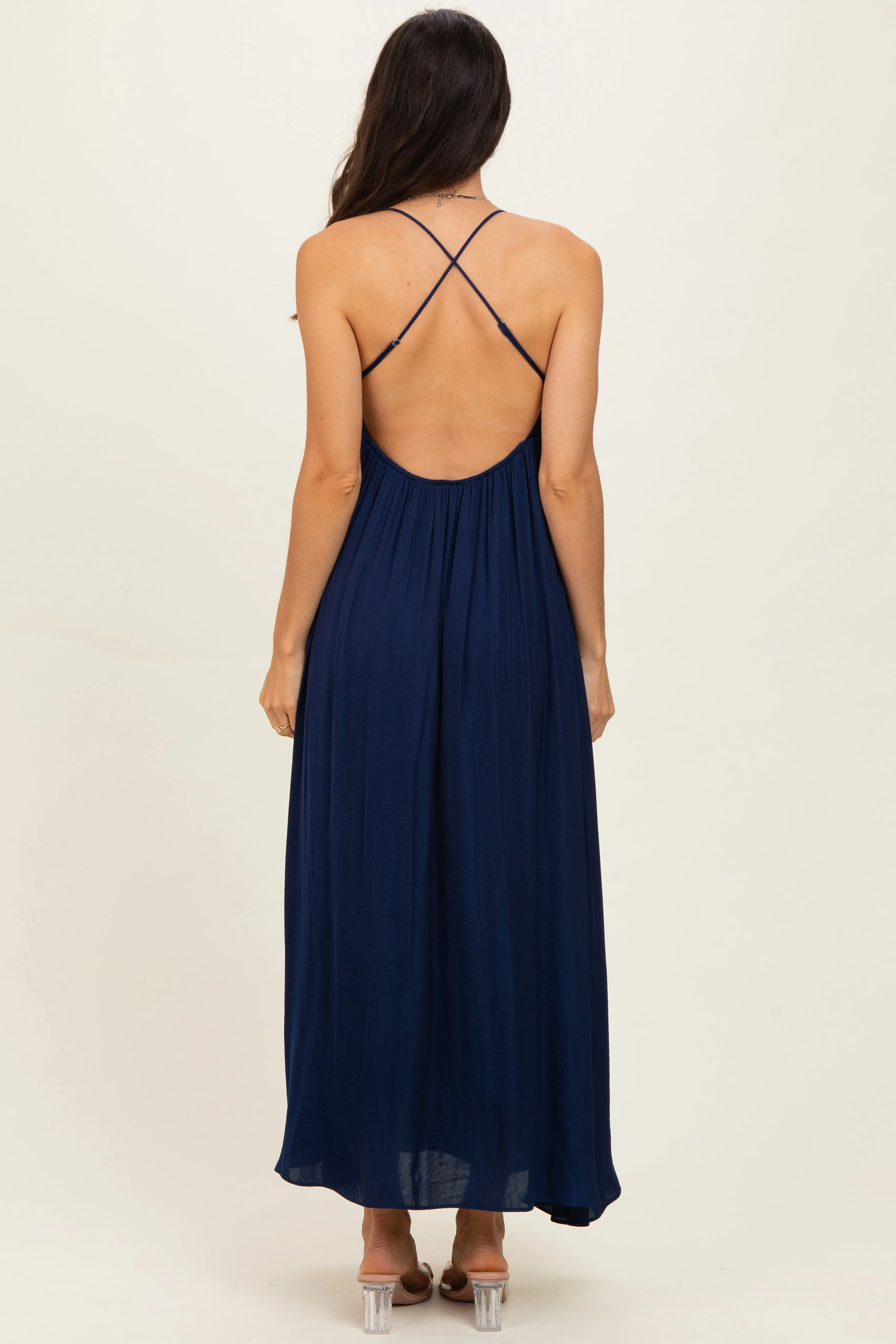 Navy V-Neck Open Back Maxi Dress sold by Pinkblush product image thumbnail 3