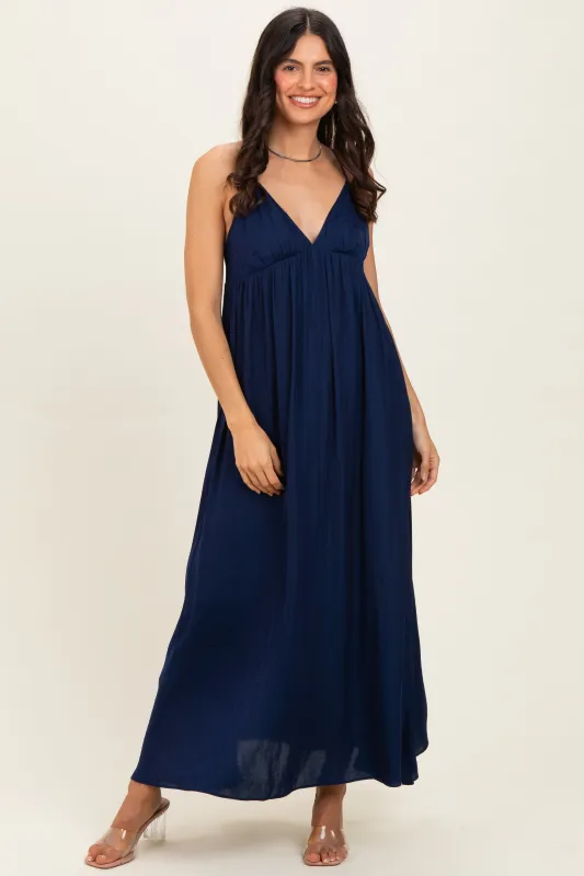 Navy V-Neck Open Back Maxi Dress made by Naked Zebra