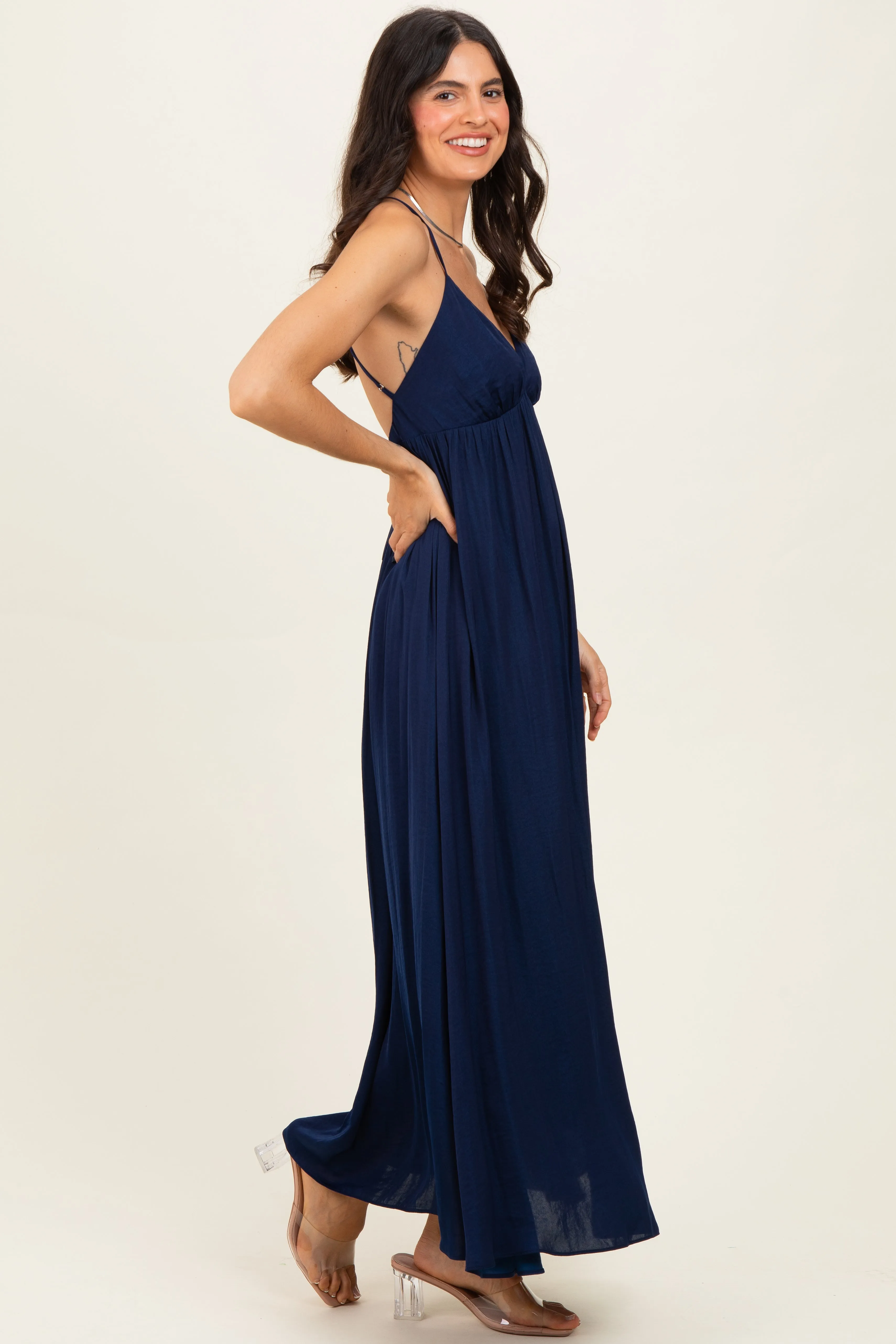 Navy V-Neck Open Back Maxi Dress sold by Pinkblush product image thumbnail 2
