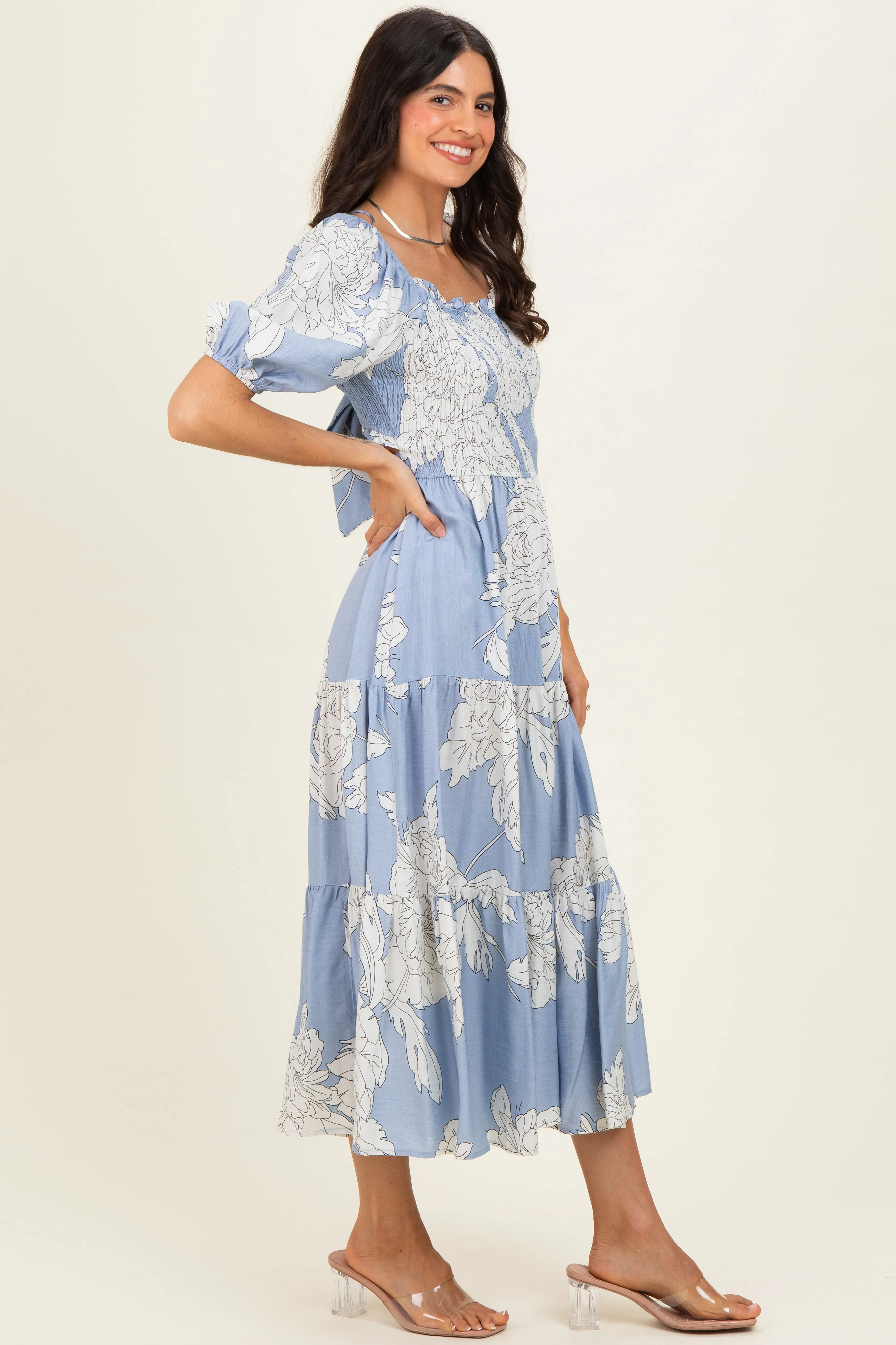 Light Blue Floral Cutout Tie Back Midi Dress sold by Pinkblush product image thumbnail 2