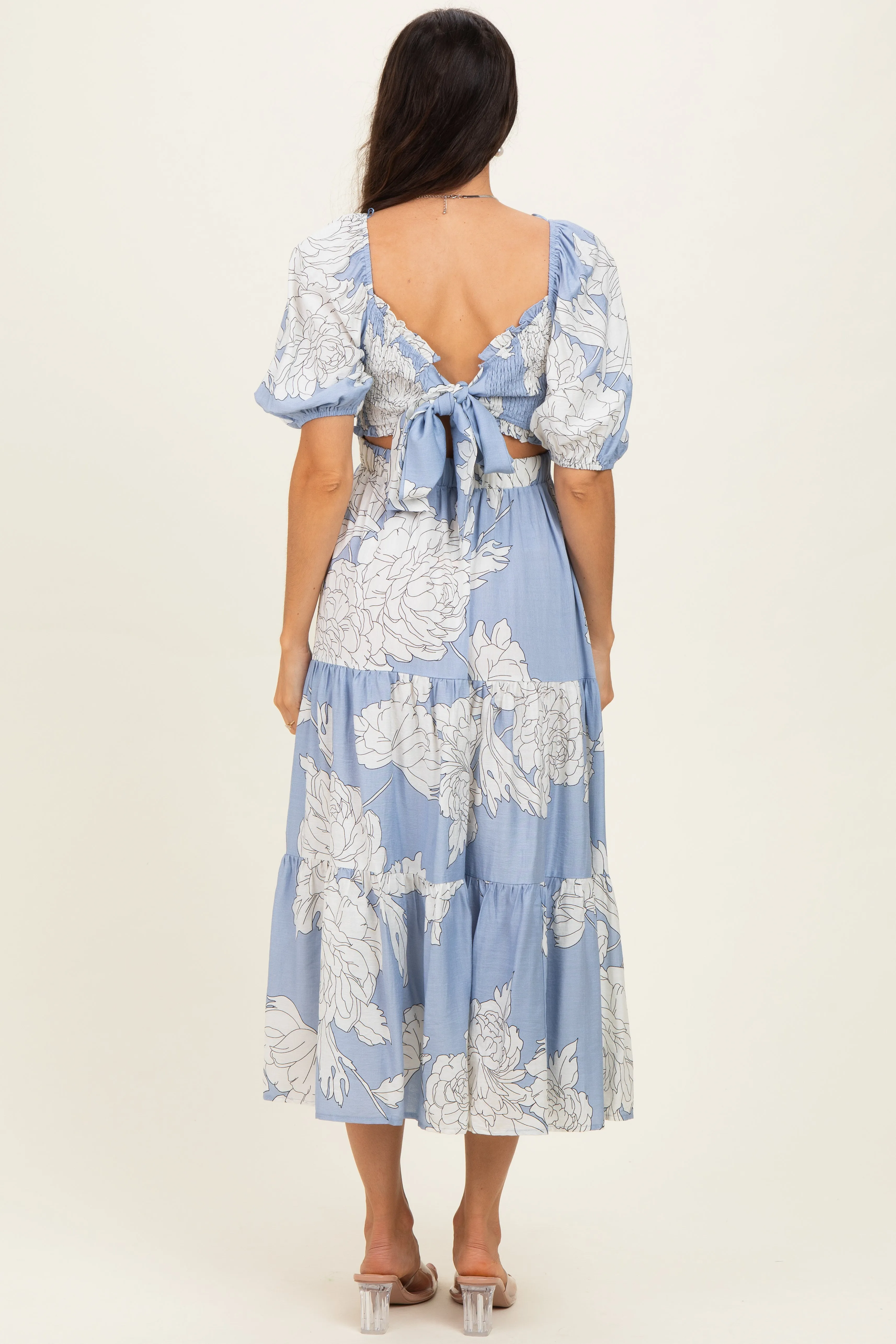 Light Blue Floral Cutout Tie Back Midi Dress sold by Pinkblush product image thumbnail 3