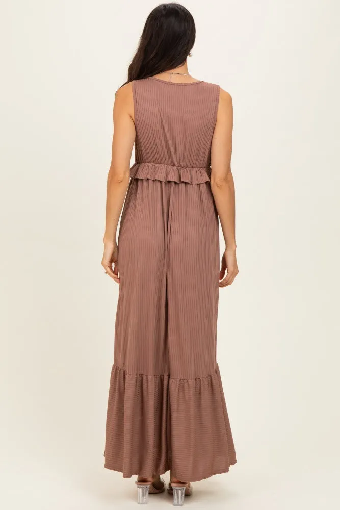 Mocha Ribbed Sleeveless V-Neck Ruffle Tiered Maxi Dress sold by Pinkblush product image thumbnail 3