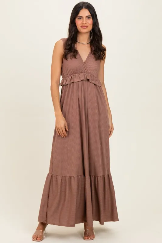 Mocha Ribbed Sleeveless V-Neck Ruffle Tiered Maxi Dress made by Pinkblush