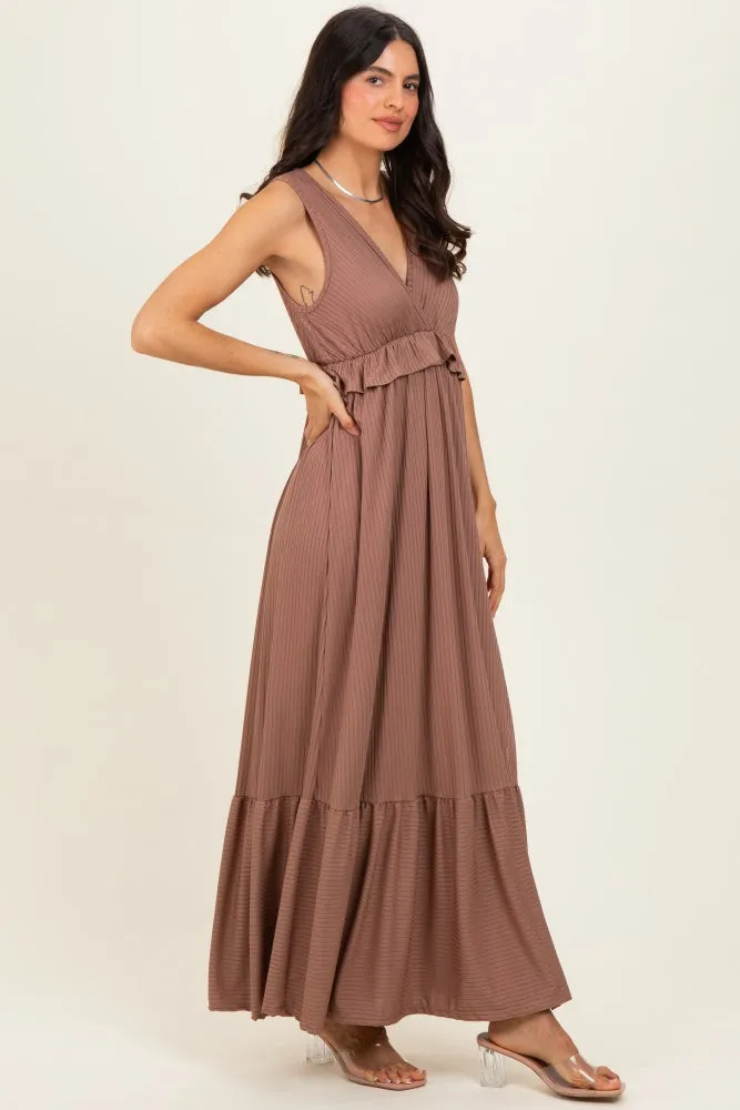 Mocha Ribbed Sleeveless V-Neck Ruffle Tiered Maxi Dress sold by Pinkblush product image thumbnail 2