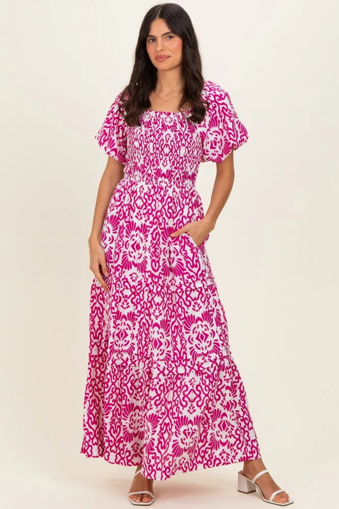 Fuchsia Printed Puff Sleeve Smocked Maxi Dress sold by Pinkblush