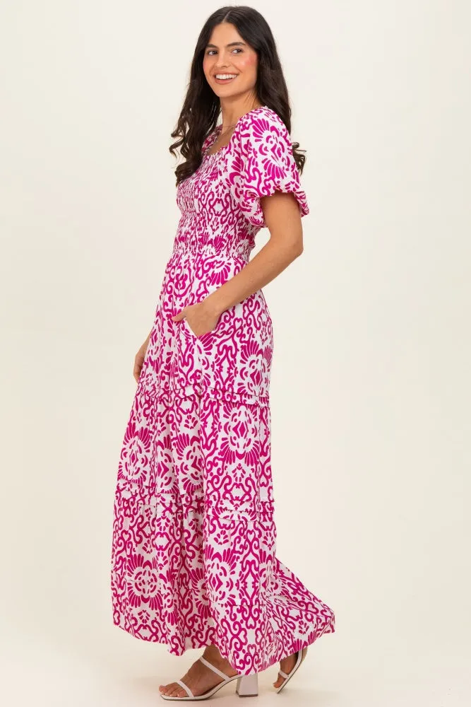 Fuchsia Printed Puff Sleeve Smocked Maxi Dress sold by Pinkblush product image thumbnail 2