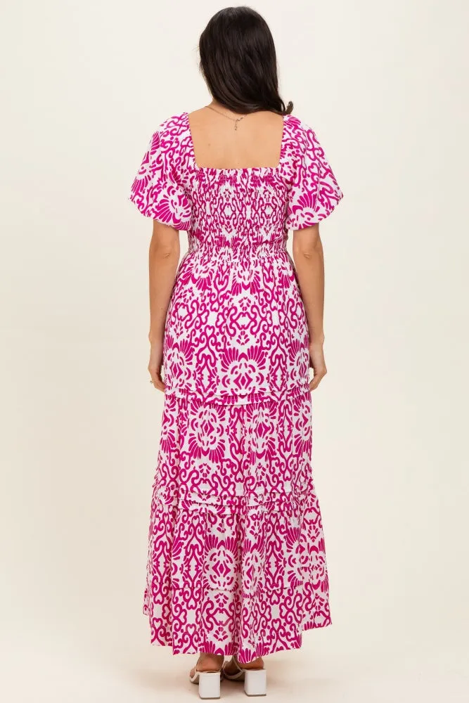 Fuchsia Printed Puff Sleeve Smocked Maxi Dress sold by Pinkblush product image thumbnail 3