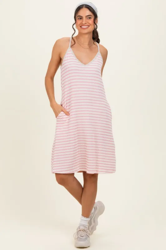 Cream/ Pink Striped Sleeveless Halter Mini Dress made by Pinkblush
