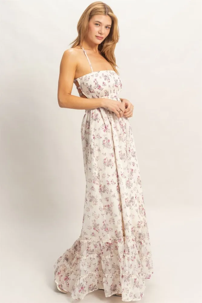 Ivory Floral Smocked Open Back Maxi Dress sold by Pinkblush product image thumbnail 3