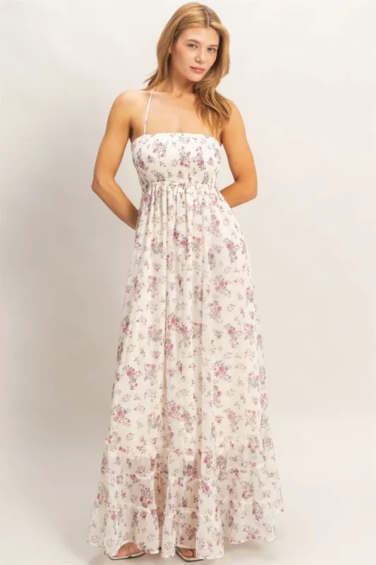 Ivory Floral Smocked Open Back Maxi Dress made by HYFVE