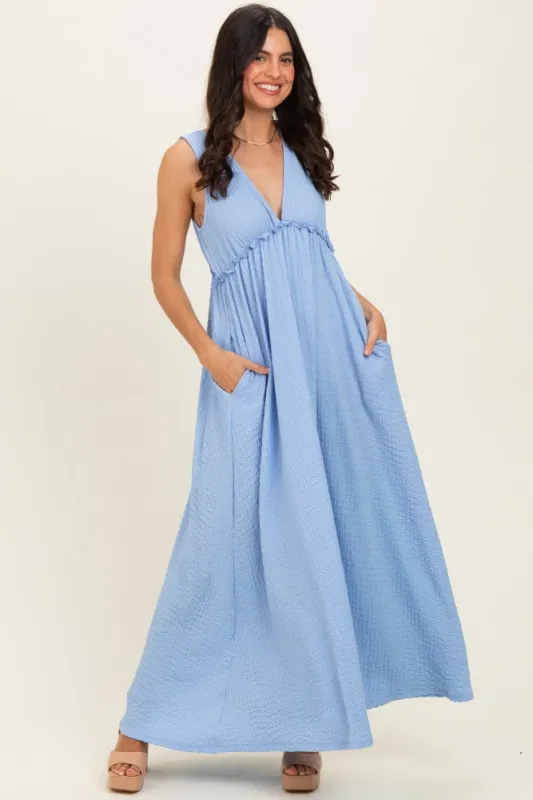 Light Blue Sleeveless Deep V-Neck Maxi Dress made by Pinkblush