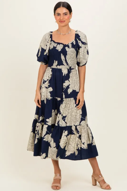 Navy Floral Cutout Tie Back Midi Dress made by Pinkblush