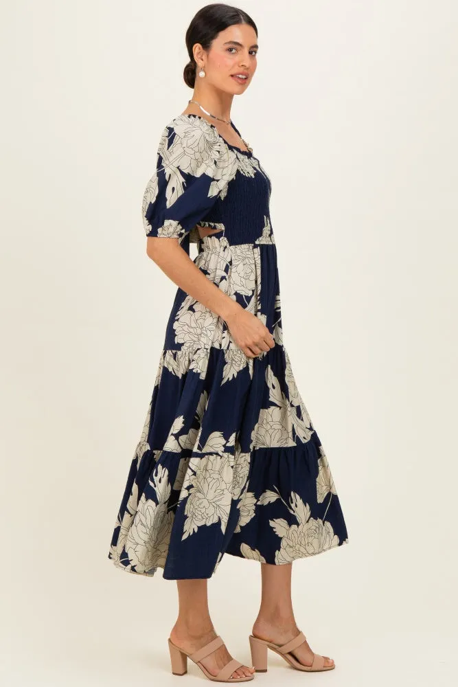 Navy Floral Cutout Tie Back Midi Dress sold by Pinkblush product image thumbnail 2