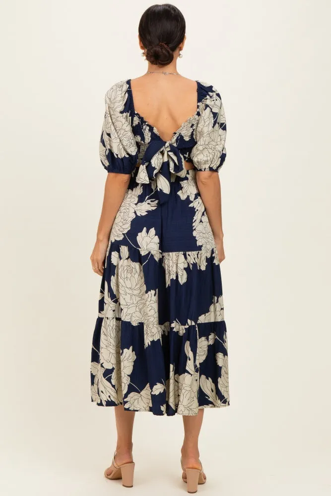 Navy Floral Cutout Tie Back Midi Dress sold by Pinkblush product image thumbnail 3