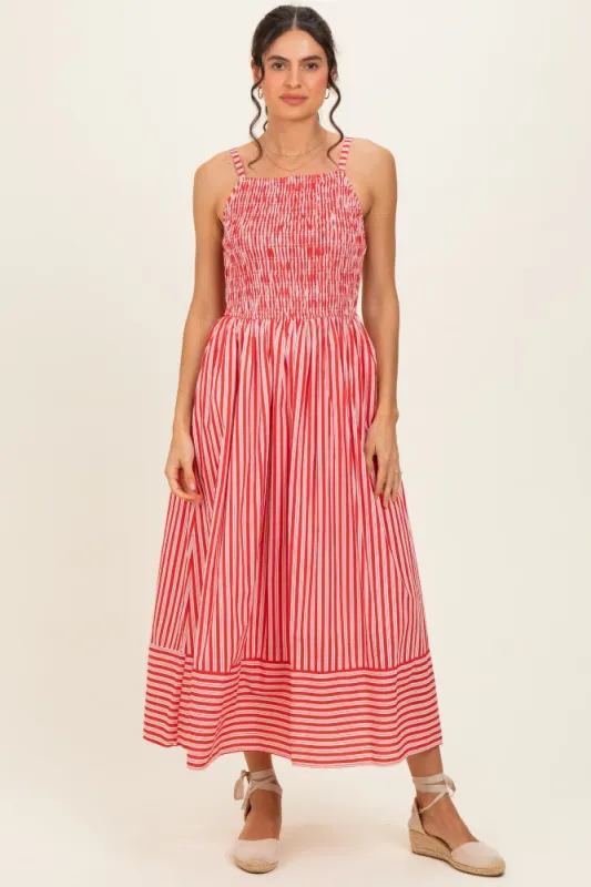 Red Striped Smocked Midi Dress made by entro