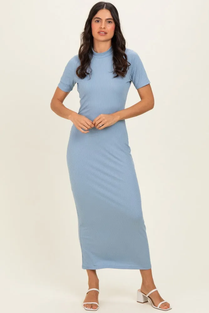 Blue Ribbed Mock Neck Short Sleeve Midi Dress sold by Pinkblush