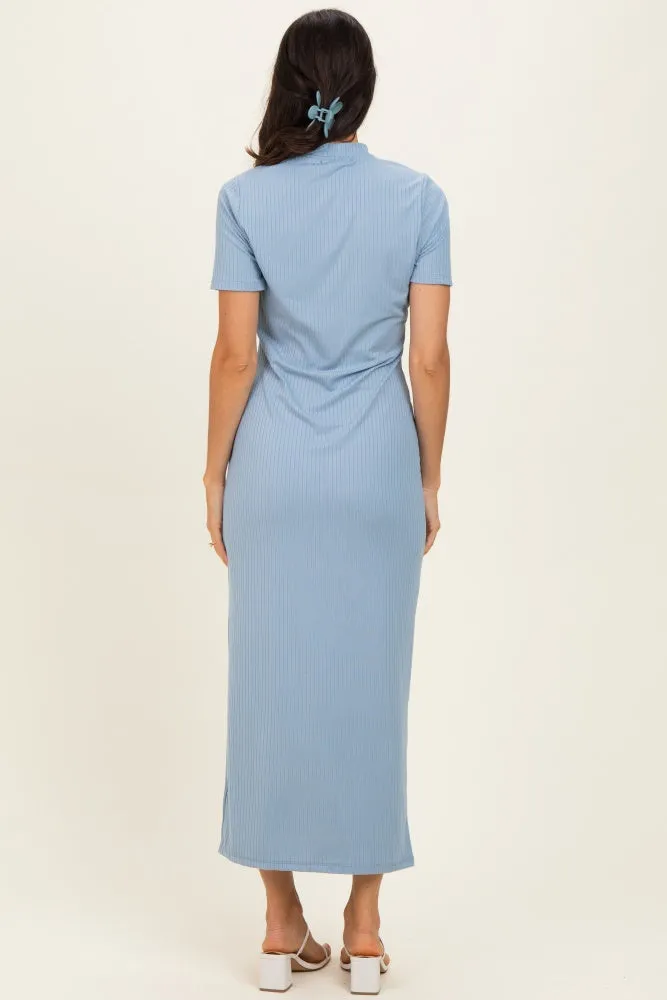 Blue Ribbed Mock Neck Short Sleeve Midi Dress sold by Pinkblush product image thumbnail 3