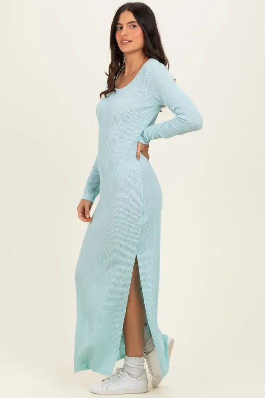 Mint Ribbed Long Sleeve Side Slit Maxi Dress made by Pinkblush