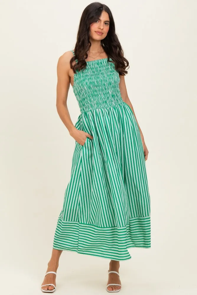 Green Striped Smocked Midi Dress sold by Pinkblush