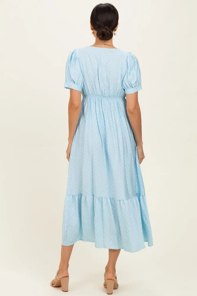 Light Blue Polka Dot Short Sleeve Lace V-Neck Ruffle Hem Maxi Dress sold by Pinkblush product image thumbnail 3