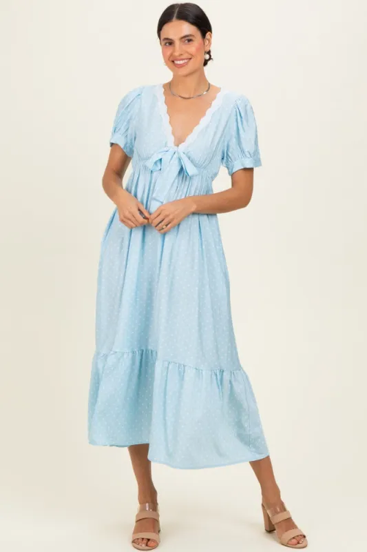 Light Blue Polka Dot Short Sleeve Lace V-Neck Ruffle Hem Maxi Dress made by Pinkblush