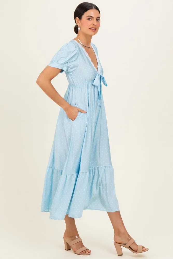 Light Blue Polka Dot Short Sleeve Lace V-Neck Ruffle Hem Maxi Dress sold by Pinkblush product image thumbnail 2