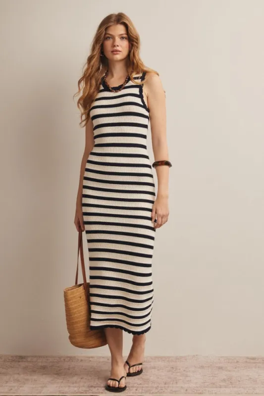 Navy Striped Crochet Knit Midi Dress made by Listicle