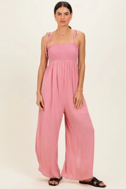 Mauve Smocked Wide Leg Adjustable Strap Jumpsuit made by Hello MIZ