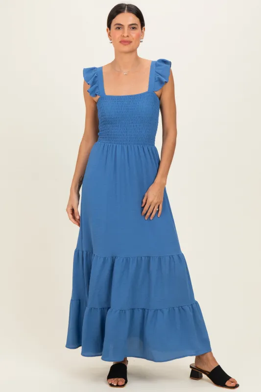 Blue Ruffle Strap Smocked Maxi Dress made by Pinkblush