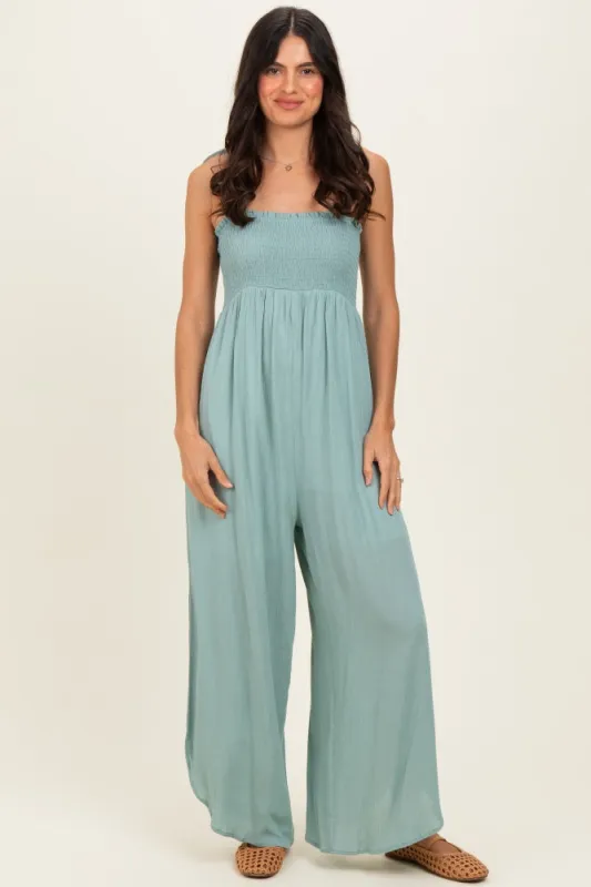 Sage Smocked Wide Leg Adjustable Strap Jumpsuit made by Hello MIZ