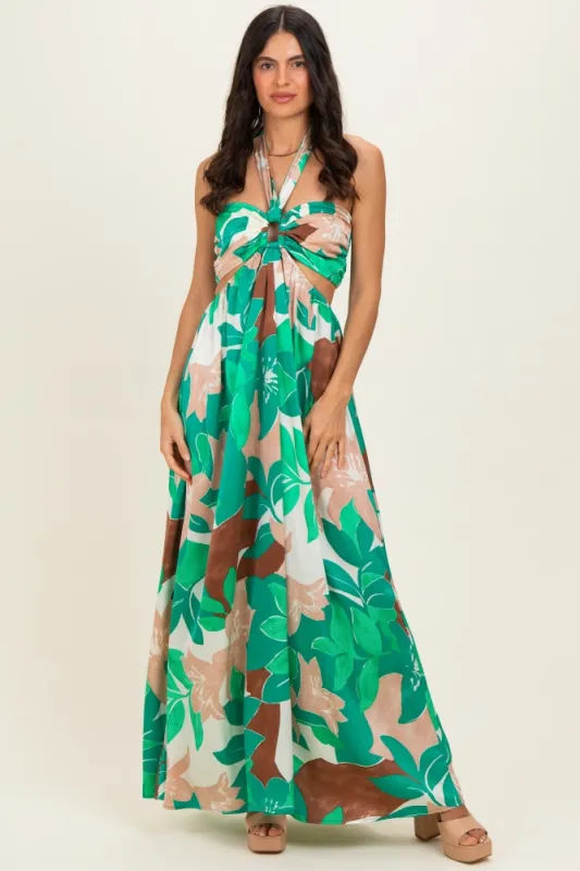 Green Floral Halter Cut Out Maxi Dress made by Aakaa