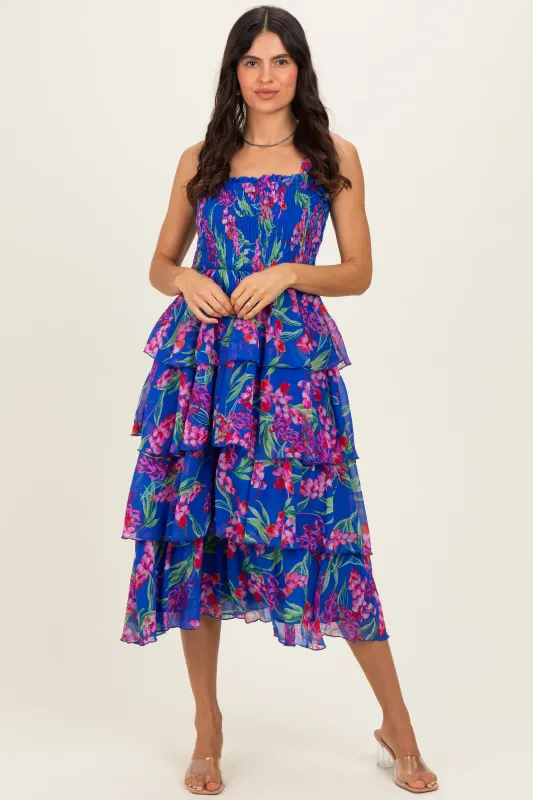 Royal Blue Floral Smocked Tiered Midi Dress made by Pinkblush