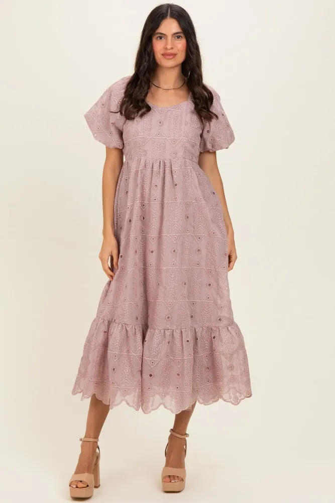 Mauve Printed Puff Sleeve Midi Dress sold by Pinkblush