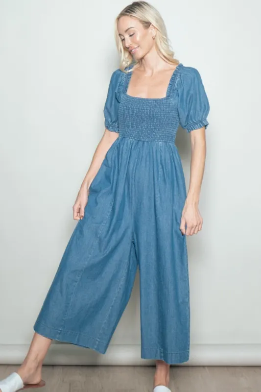 Denim Chambray Puff Sleeve Wide Leg Jumpsuit made by Pinkblush
