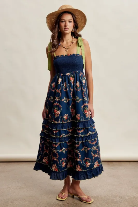 Navy Floral Smocked Shoulder Tie Tiered Maxi Dress made by Listicle
