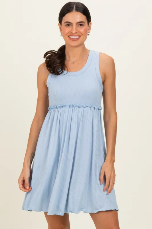 Light Blue Ribbed Sleeveless Lettuce Trim Mini Dress made by Pinkblush