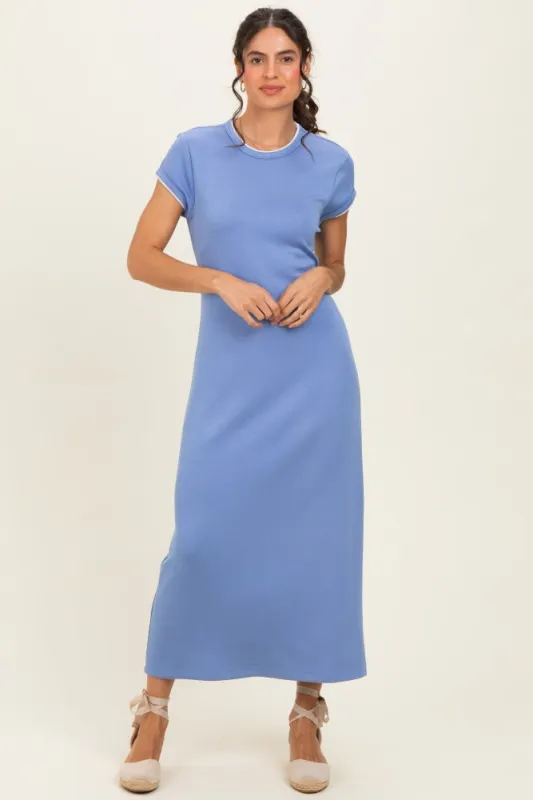 Chambray Blue Contrast Trim Short Sleeve Midi Dress made by entro