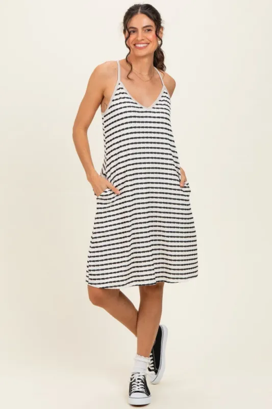 Ivory/ Black Striped Sleeveless Halter Mini Dress made by Pinkblush