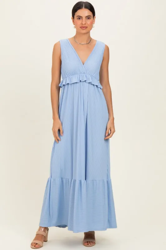 Light Blue Ribbed Sleeveless V-Neck Ruffle Tiered Maxi Dress made by Pinkblush