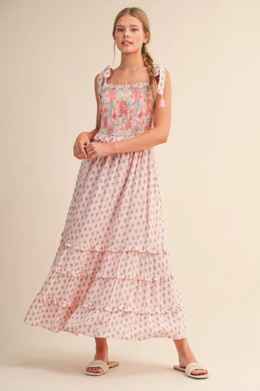 Pink Peach Multi Floral Smocked Midi Dress made by Pinkblush