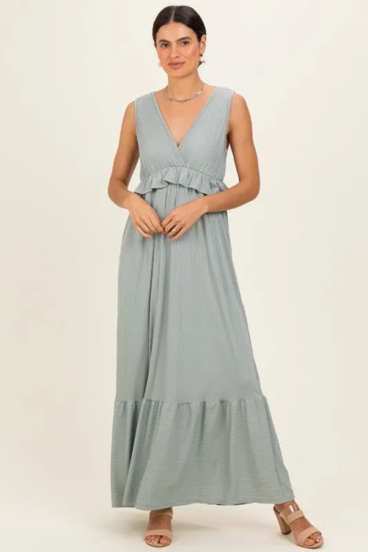 Sage Ribbed Sleeveless V-Neck Ruffle Tiered Maxi Dress made by Pinkblush