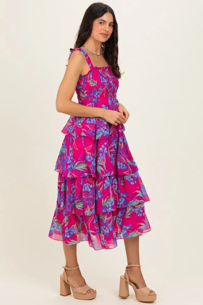 Fuchsia Floral Smocked Tiered Midi Dress sold by Pinkblush product image thumbnail 2