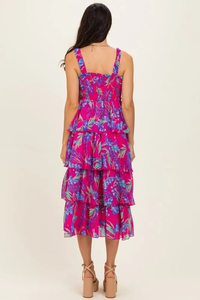 Fuchsia Floral Smocked Tiered Midi Dress sold by Pinkblush product image thumbnail 3