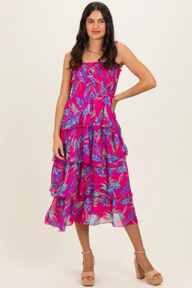 Fuchsia Floral Smocked Tiered Midi Dress sold by Pinkblush