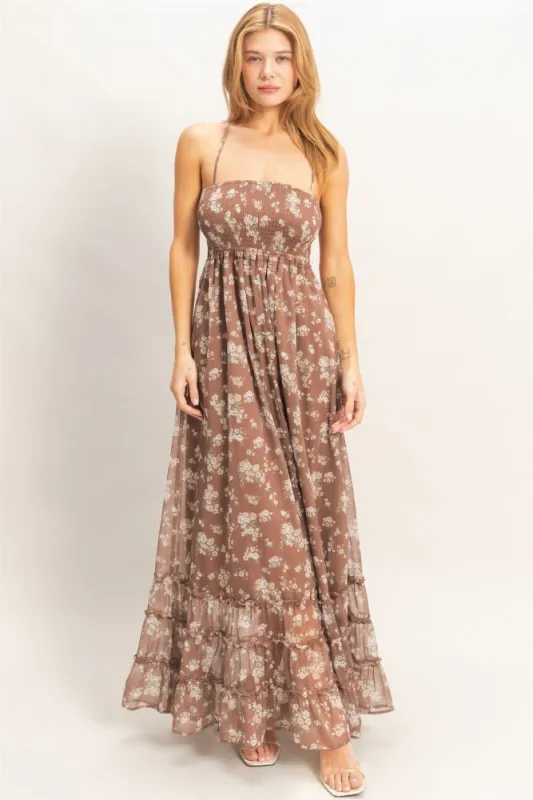 Brown Floral Smocked Open Back Maxi Dress made by HYFVE